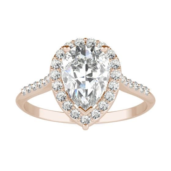 1.83 CTW DEW Pear Forever One Moissanite Signature Halo with Side Stones Engagement Ring 14K Rose Gold