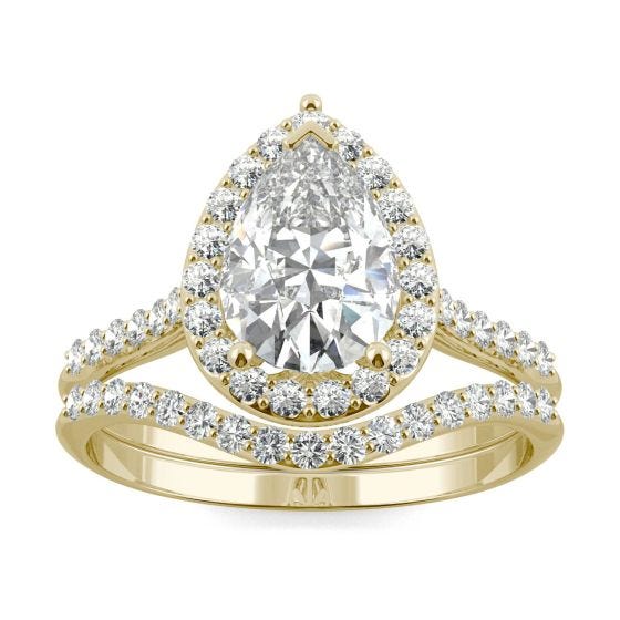 1.99 CTW DEW Pear Forever One Moissanite Signature Halo with Site Stones Bridal Set Ring 14K Yellow Gold