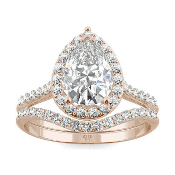 1.99 CTW DEW Pear Forever One Moissanite Signature Halo with Site Stones Bridal Set Ring 14K Rose Gold