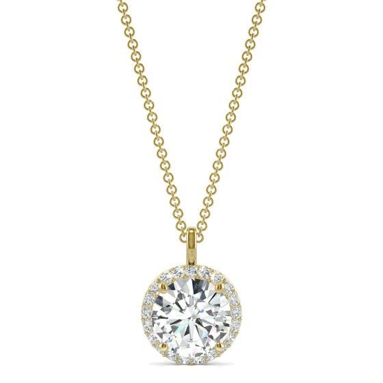 2.13 CTW DEW Round Forever One Moissanite Signature Halo Pendant Necklace 14K Yellow Gold