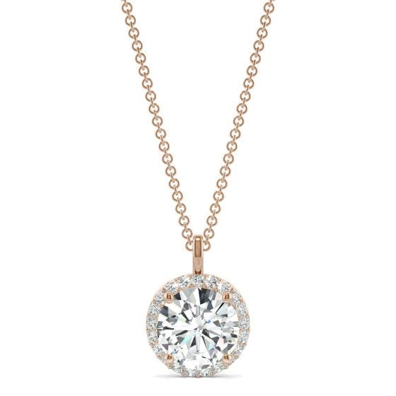 2.13 CTW DEW Round Forever One Moissanite Signature Halo Pendant Necklace 14K Rose Gold