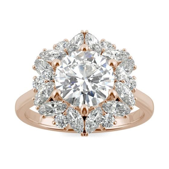 3.55 CTW DEW Round Forever One Moissanite Signature Halo Hearts & Arrows Statement Ring 14K Rose Gold