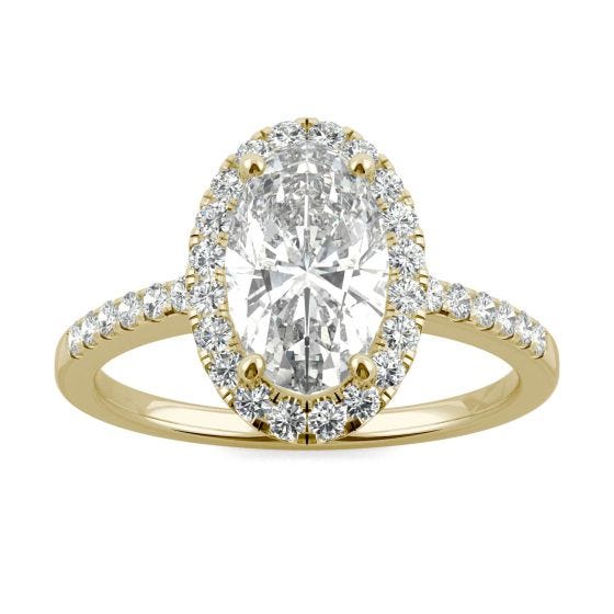 2.62 CTW DEW Elongated Oval Forever One Moissanite Halo Engagement Ring 14K Yellow Gold