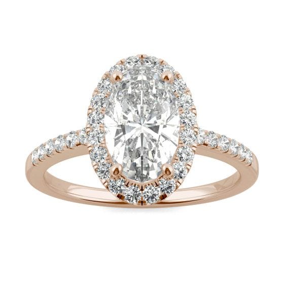 2.62 CTW DEW Elongated Oval Forever One Moissanite Halo Engagement Ring 14K Rose Gold