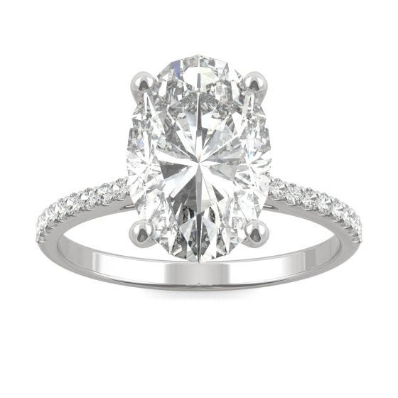 4.58 CTW DEW Elongated Oval Forever One Moissanite Side-Stone Engagement Ring 14K White Gold