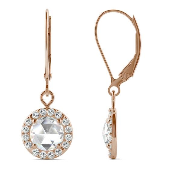 1.20 CTW DEW Round Forever One Moissanite Halo Drop Earrings 14K Rose Gold