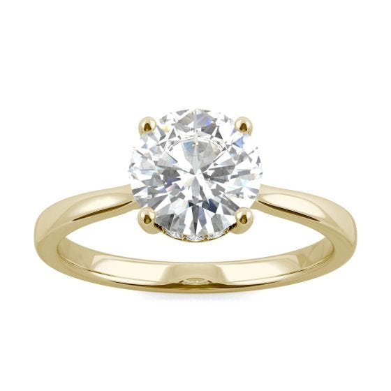 1.68 CTW DEW Round Forever One Moissanite Hidden Halo Cathedral Solitaire Ring 14K Yellow Gold