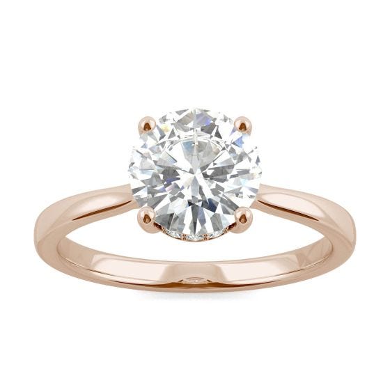 1.68 CTW DEW Round Forever One Moissanite Hidden Halo Cathedral Solitaire Ring 14K Rose Gold