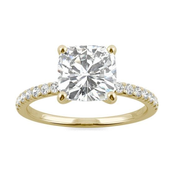 2.52 CTW DEW Cushion Forever One Moissanite Side Stone Engagement Ring 14K Yellow Gold