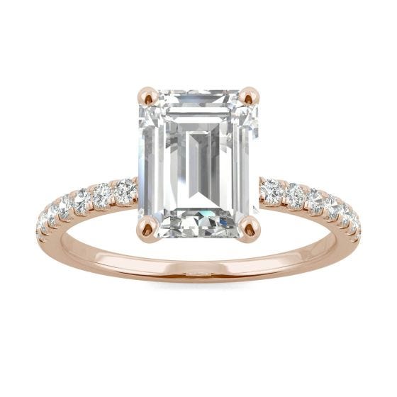 2.76 CTW DEW Emerald Forever One Moissanite Side Stone Engagement Ring 14K Rose Gold