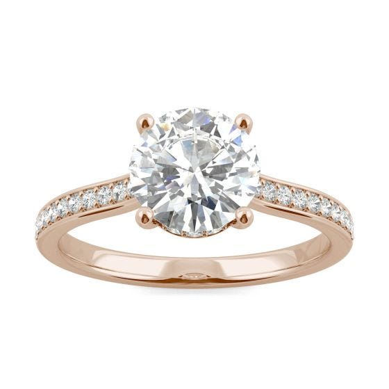 1.84 CTW DEW Round Forever One Moissanite Hidden Halo with Side Accents Engagement Ring 14K Rose Gold