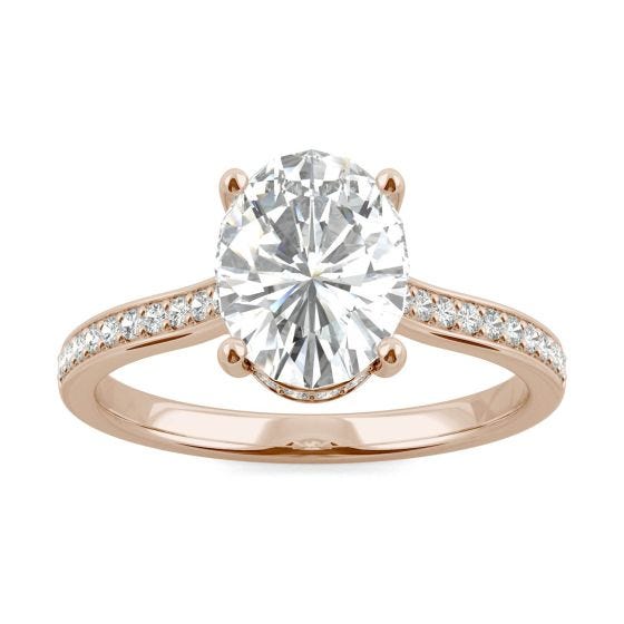 2.37 CTW DEW Oval Forever One Moissanite Hidden Halo with Side Accents Engagement Ring 14K Rose Gold