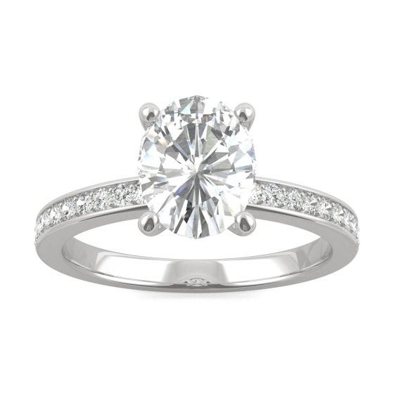 2.28 CTW DEW Oval Forever One Moissanite Channel Bead Set Engagement Ring 14K White Gold