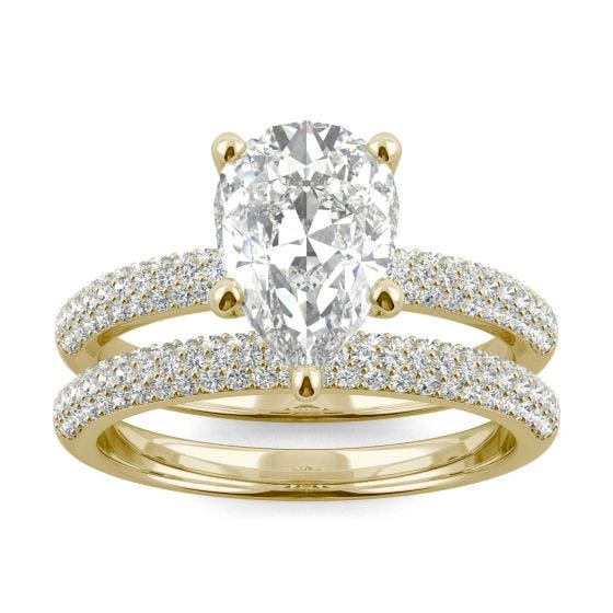 2.54 CTW DEW Pear Forever One Moissanite Micro Pave Ring 14K Yellow Gold