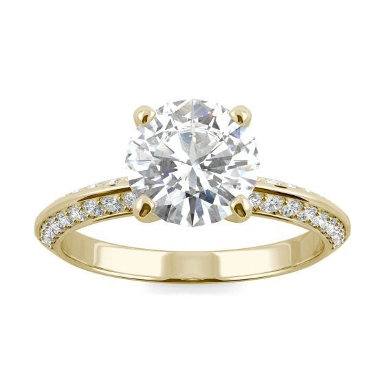 2.28 CTW DEW Round Forever One Moissanite Knife Edge Accented Engagement Ring 14K Yellow Gold