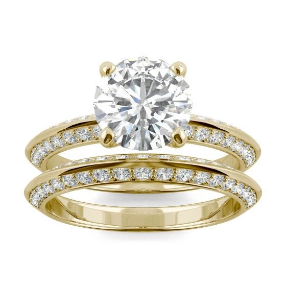 2.70 CTW DEW Round Forever One Moissanite Knife Edge Accented Bridal Set Ring 14K Yellow Gold