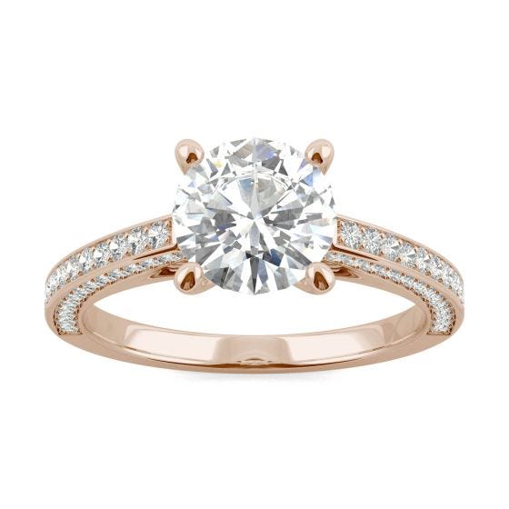 2.19 CTW DEW Round Forever One Moissanite Cathedral Three Side Accented Engagement Ring 14K Rose Gold