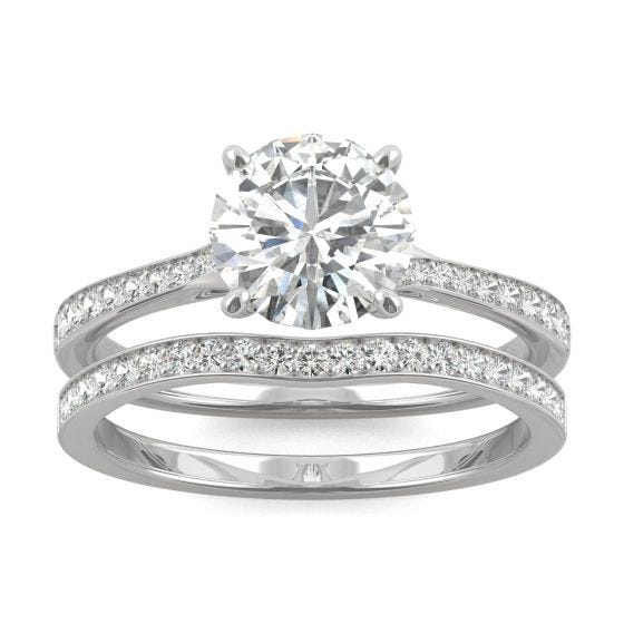 1.91 CTW DEW Round Forever One Moissanite Side-Stone Bridal Set with Hidden Halo Ring 14K White Gold