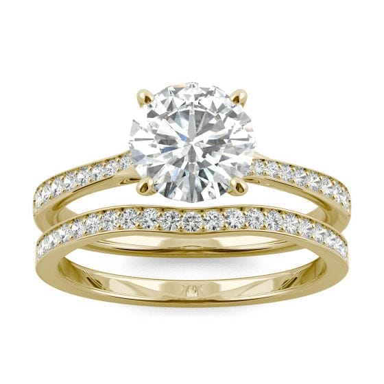 1.91 CTW DEW Round Forever One Moissanite Side-Stone Bridal Set with Hidden Halo Ring 14K Yellow Gold