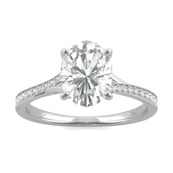 2.25 CTW DEW Oval Forever One Moissanite Side Stone Engagement Ring with Hidden Halo Ring 14K White Gold