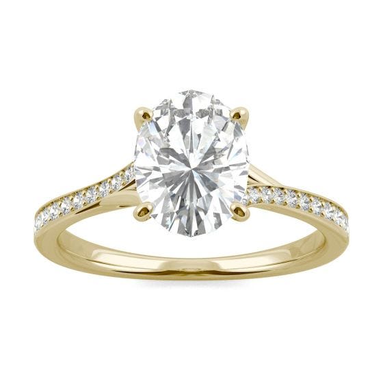 2.25 CTW DEW Oval Forever One Moissanite Side Stone Engagement Ring with Hidden Halo Ring 14K Yellow Gold