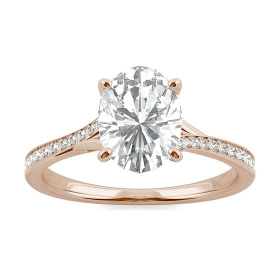 2.25 CTW DEW Oval Forever One Moissanite Side Stone Engagement Ring with Hidden Halo Ring 14K Rose Gold