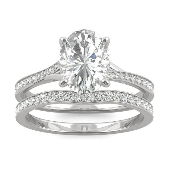 2.43 CTW DEW Oval Forever One Moissanite Side Stone with Hidden Halo Bridal Set Ring 14K White Gold