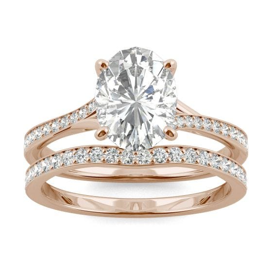 2.43 CTW DEW Oval Forever One Moissanite Side Stone with Hidden Halo Bridal Set Ring 14K Rose Gold
