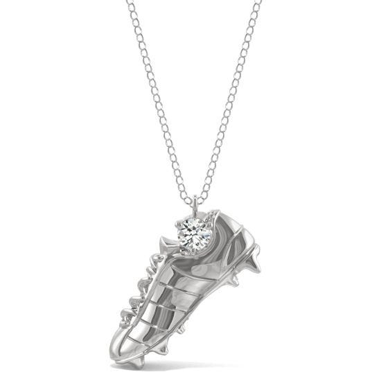 0.10 CTW DEW Round Forever One Moissanite Soccer Cleat Profile Necklace 14K White Gold