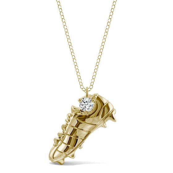 0.10 CTW DEW Round Forever One Moissanite Soccer Cleat Profile Necklace 14K Yellow Gold