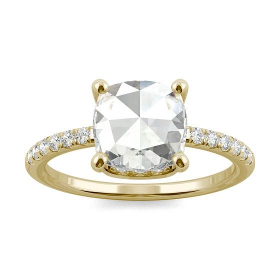 1.64 CTW DEW Cushion Forever One Moissanite Engagement with Hidden Accents Ring 14K Yellow Gold