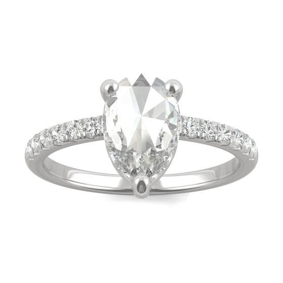 1.15 CTW DEW Pear Forever One Moissanite Engagement with Hidden Accents Ring 14K White Gold