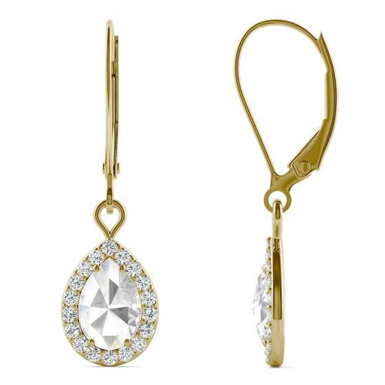 1.19 CTW DEW Pear Forever One Moissanite Halo Drop Earrings 14K Yellow Gold