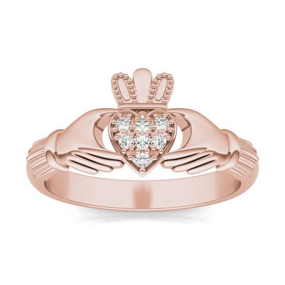 0.07 CTW DEW Round Forever One Moissanite Claddagh Ring 14K Rose Gold