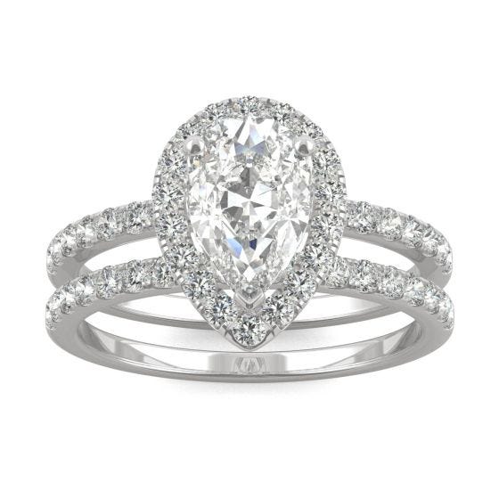 2.25 CTW DEW Pear Forever One Moissanite Halo Side Accents Bridal Set Ring 14K White Gold