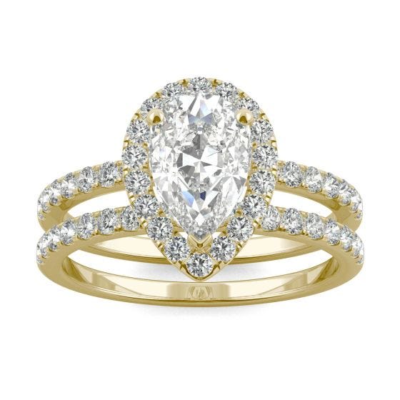 2.25 CTW DEW Pear Forever One Moissanite Halo Side Accents Bridal Set Ring 14K Yellow Gold