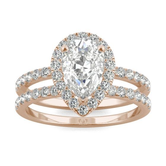 2.25 CTW DEW Pear Forever One Moissanite Halo Side Accents Bridal Set Ring 14K Rose Gold