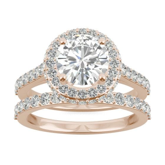 2.56 CTW DEW Round Forever One Moissanite Double Halo Bridal Set Ring 14K Rose Gold