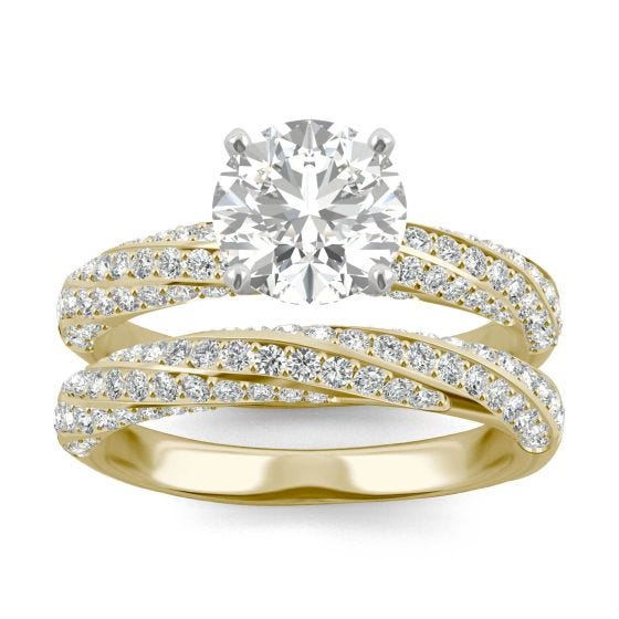 2.60 CTW DEW Round Forever One Moissanite Twist Side-Stone Bridal Set Ring 14K Yellow Gold