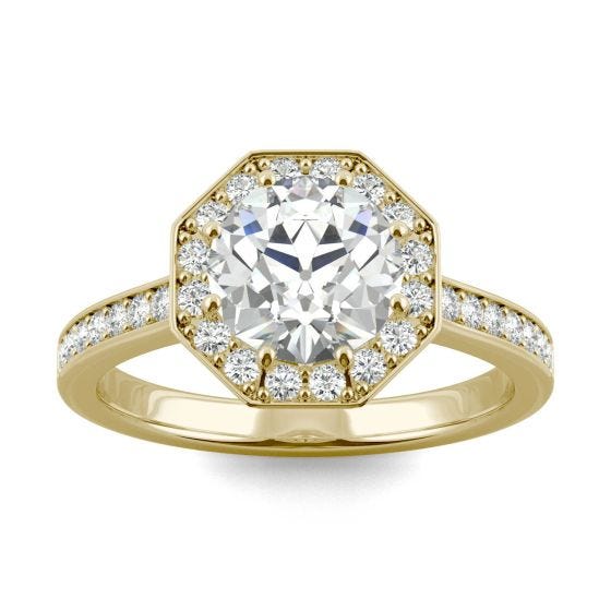 2.01 CTW DEW Round Forever One Moissanite Old European Cut Octagon Halo Engagement Ring 14K Yellow Gold