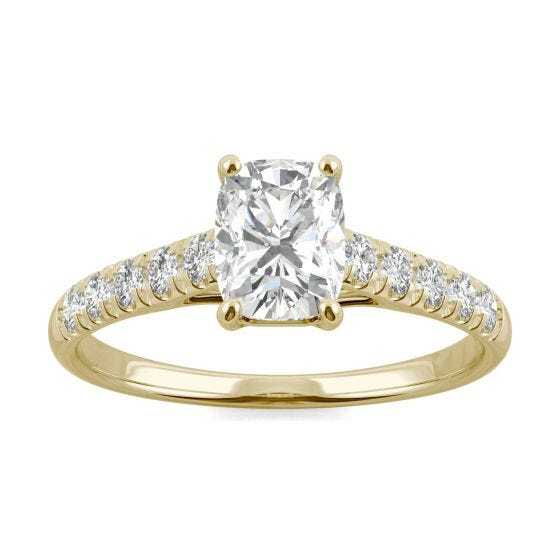 1.22 CTW DEW Elongated Cushion Forever One Moissanite Elongated Cushion Side-Stone Engagement Ring 14K Yellow Gold