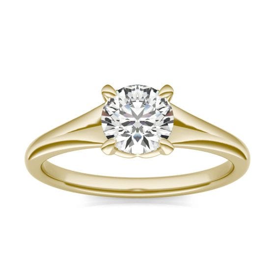 3/4 CTW Round Caydia Lab Grown Diamond Signature Tapered Solitaire Engagement Ring 18K Yellow Gold