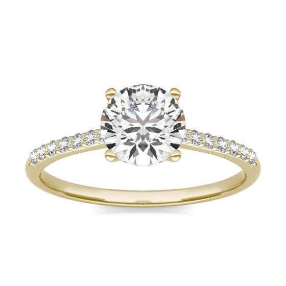 1 1/6 CTW Round Caydia Lab Grown Diamond Signature Side Stone Engagement Ring 18K Yellow Gold