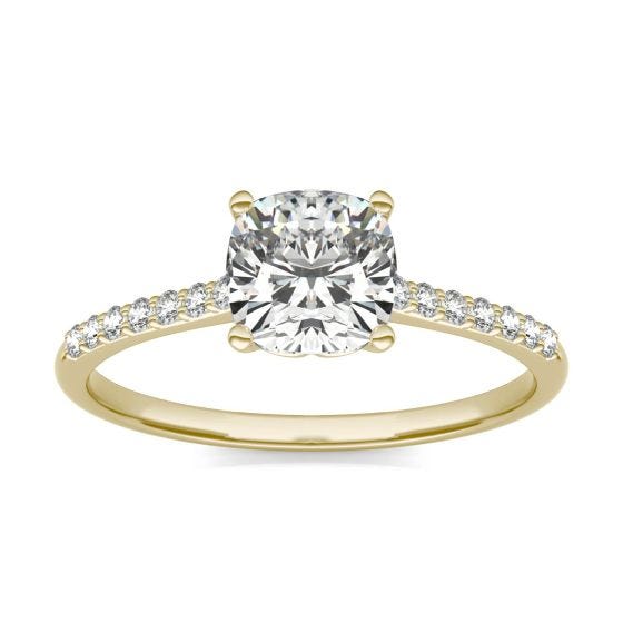 1 1/6 CTW Cushion Caydia Lab Grown Diamond Signature Side Stone Engagement Ring 18K Yellow Gold
