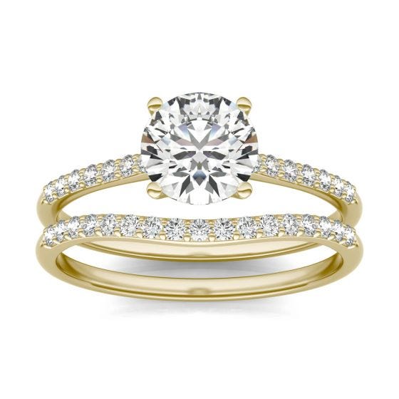 1 1/3 CTW Round Caydia Lab Grown Diamond Signature Bridal Set with Side-Stones Ring 18K Yellow Gold