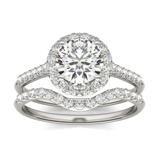 1 1/2 CTW Round Caydia Lab Grown Diamond Signature Halo Bridal Set with Side Accents Ring 18K White Gold