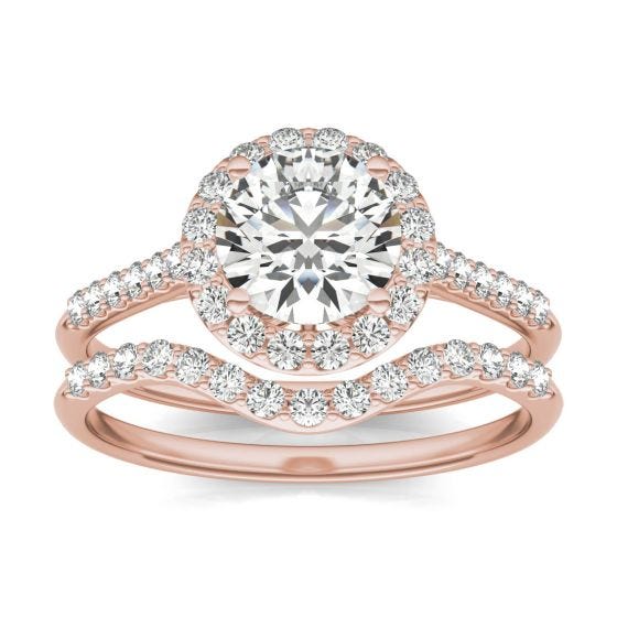 1 1/2 CTW Round Caydia Lab Grown Diamond Signature Halo Bridal Set with Side Accents Ring 18K Rose Gold