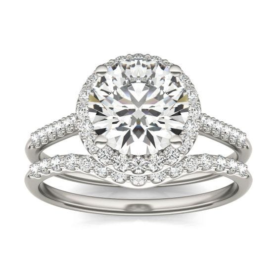 2 1/2 CTW Round Caydia Lab Grown Diamond Signature Halo Bridal Set with Side Accents Ring Platinum