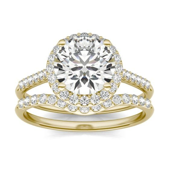 2 1/2 CTW Round Caydia Lab Grown Diamond Signature Halo Bridal Set with Side Accents Ring 18K Yellow Gold