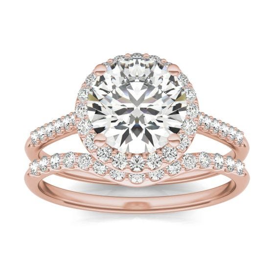 2 1/2 CTW Round Caydia Lab Grown Diamond Signature Halo Bridal Set with Side Accents Ring 18K Rose Gold